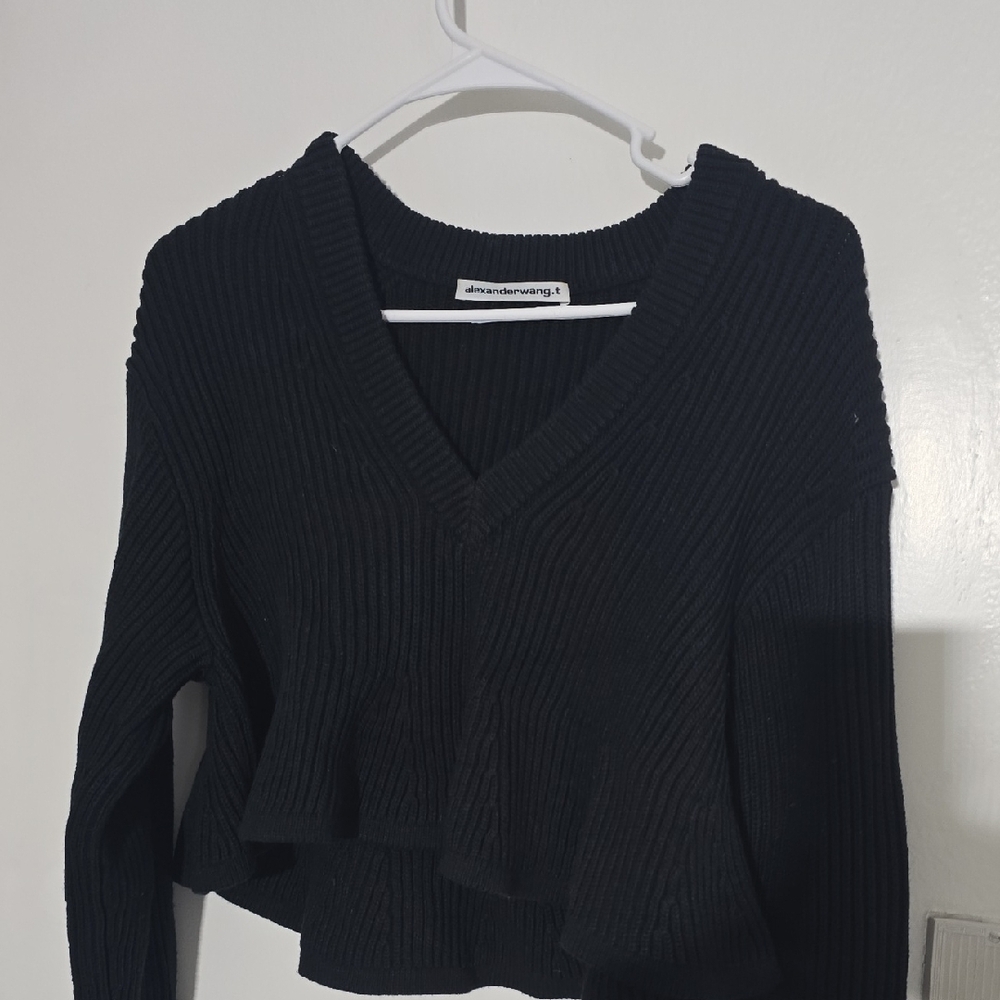 ALEXANDER WANG Cropped V Neck Ribbed Peplum Pullover Sweater in Black Size Small - Picture 5 of 9
